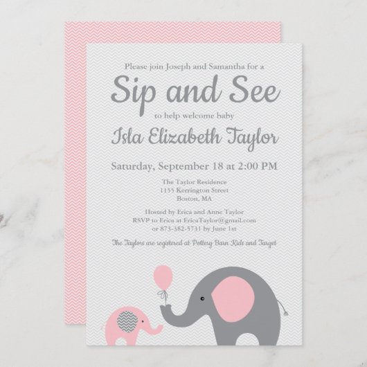 ゾウの園芸と招待状(ピンクとグレー) 招待状 (正面/裏面)