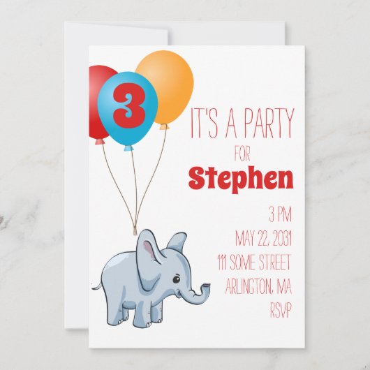ゾウの子供の誕生日パーティーの招待状 招待状 (正面)