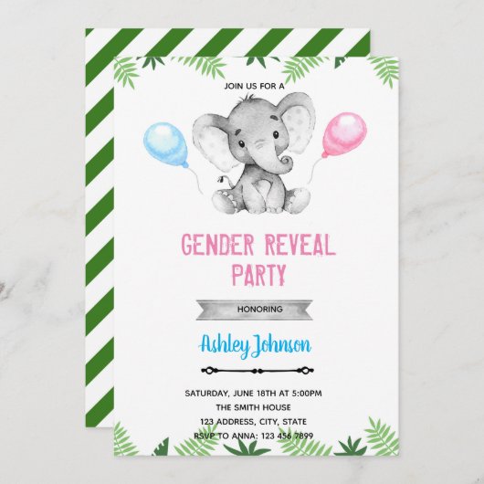ゾウの性別がシャワーの招待状を明らかにする 招待状 (正面/裏面)