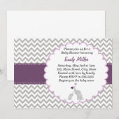 ゾウの招待状 パープル チェック 赤ちゃんのお披露目 招待状 (正面/裏面)