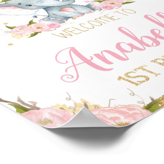 ゾウの最初の誕生日パーティー歓迎の看板ポスター ポスター (角)