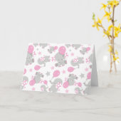 ゾウの模様、かわいいゾウ – ピンク灰色 カード (黄色い花)