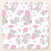 ゾウの模様、かわいいゾウ – ピンク灰色 スクエアペーパーコースター (正面)