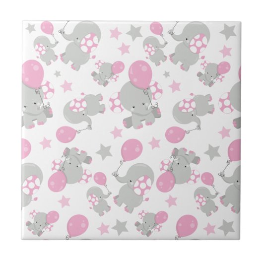 ゾウの模様、かわいいゾウ – ピンク灰色 タイル (正面)