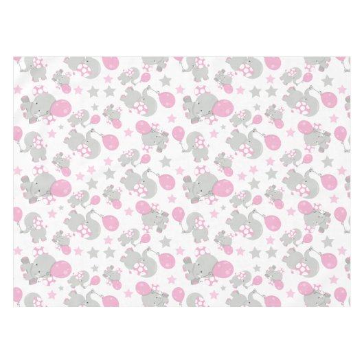 ゾウの模様、かわいいゾウ – ピンク灰色 テーブルクロス (正面(横))