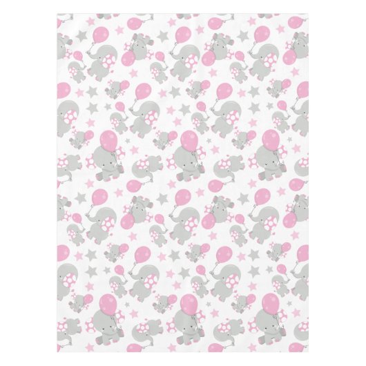 ゾウの模様、かわいいゾウ – ピンク灰色 テーブルクロス (正面)