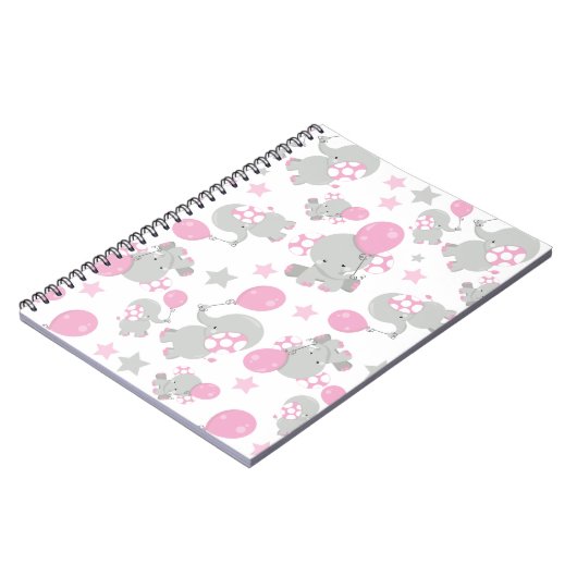 ゾウの模様、かわいいゾウ – ピンク灰色 ノートブック (左側)
