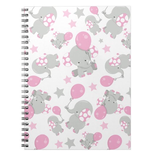 ゾウの模様、かわいいゾウ – ピンク灰色 ノートブック (正面)
