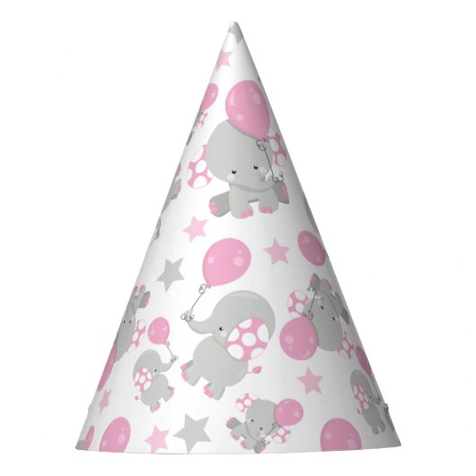 ゾウの模様、かわいいゾウ – ピンク灰色 パーティーハット (正面)