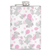 ゾウの模様、かわいいゾウ – ピンク灰色 フラスク (正面)