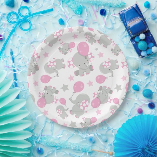 ゾウの模様、かわいいゾウ – ピンク灰色 ペーパープレート (パーティー)
