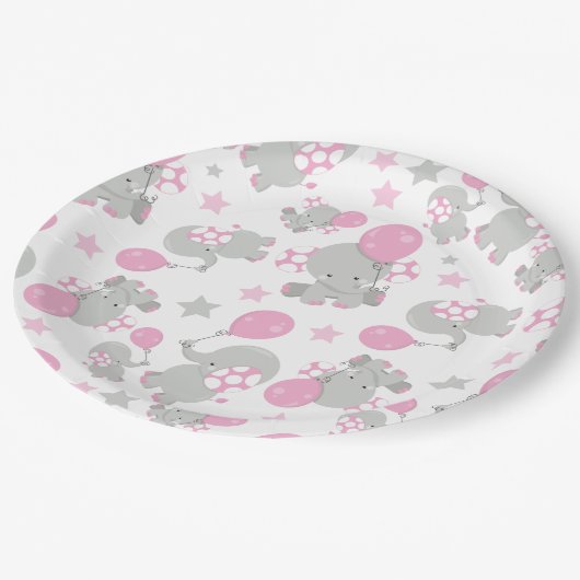 ゾウの模様、かわいいゾウ – ピンク灰色 ペーパープレート (アングル)