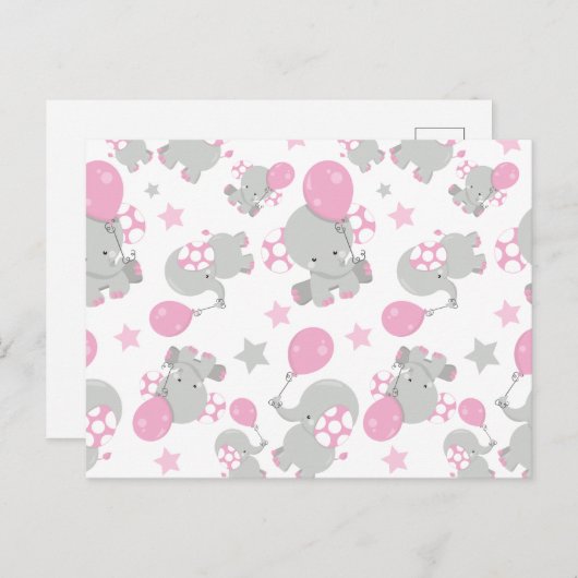 ゾウの模様、かわいいゾウ – ピンク灰色 ポストカード (正面/裏面)