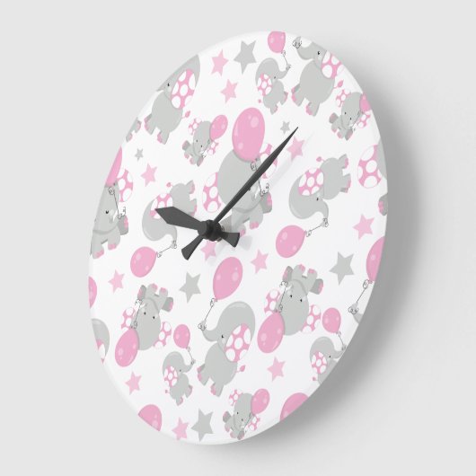 ゾウの模様、かわいいゾウ – ピンク灰色 ラージ壁時計 (傾斜)