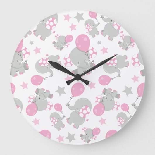 ゾウの模様、かわいいゾウ – ピンク灰色 ラージ壁時計 (正面)