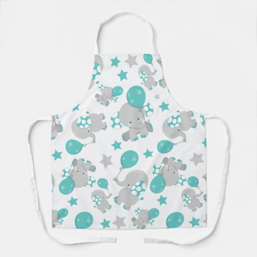 ゾウの模様、かわいいゾウ – 青い灰色 エプロン (正面)