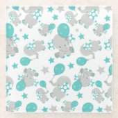 ゾウの模様、かわいいゾウ – 青い灰色 ガラスコースター (正面)