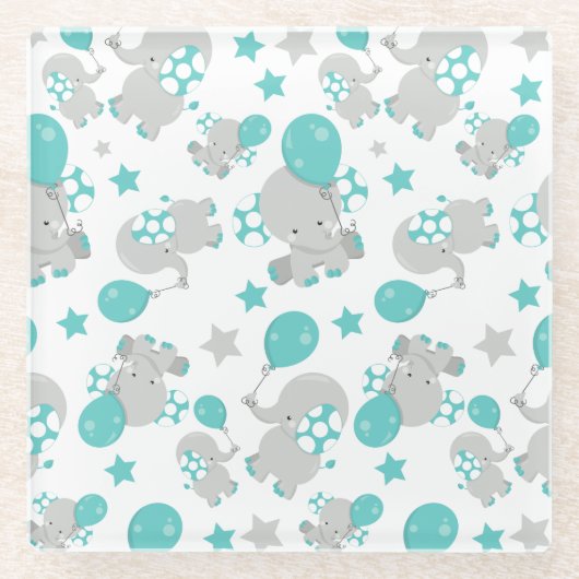 ゾウの模様、かわいいゾウ – 青い灰色 ガラスコースター (正面)