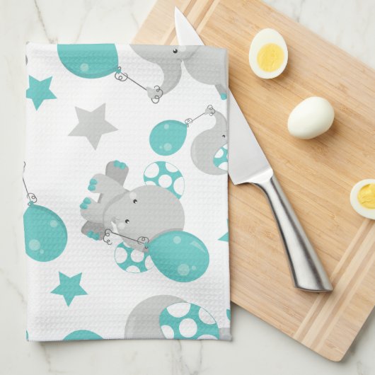 ゾウの模様、かわいいゾウ – 青い灰色 キッチンタオル (四つ折り)