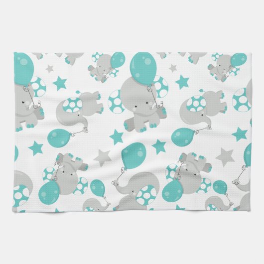 ゾウの模様、かわいいゾウ – 青い灰色 キッチンタオル (横)