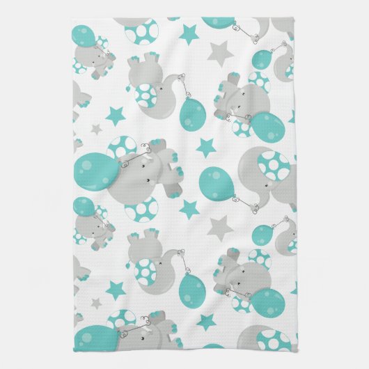 ゾウの模様、かわいいゾウ – 青い灰色 キッチンタオル (縦)