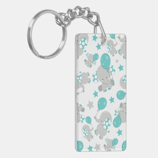 ゾウの模様、かわいいゾウ – 青い灰色 キーホルダー (正面左)