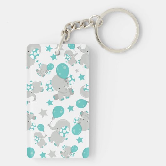 ゾウの模様、かわいいゾウ – 青い灰色 キーホルダー (裏面)