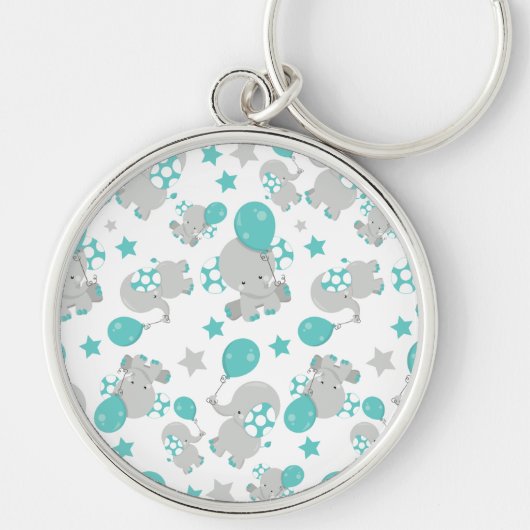 ゾウの模様、かわいいゾウ – 青い灰色 キーホルダー (正面)