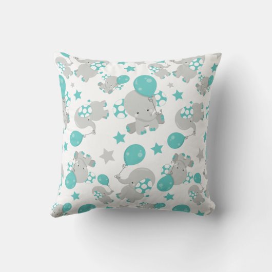 ゾウの模様、かわいいゾウ – 青い灰色 クッション (裏面)