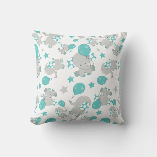 ゾウの模様、かわいいゾウ – 青い灰色 クッション (正面)