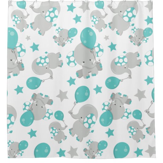 ゾウの模様、かわいいゾウ – 青い灰色 シャワーカーテン (正面)