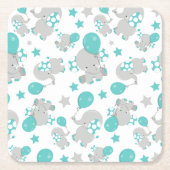ゾウの模様、かわいいゾウ – 青い灰色 スクエアペーパーコースター (正面)