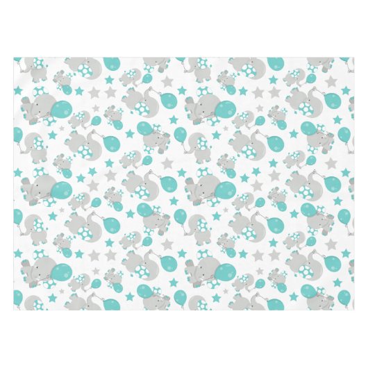 ゾウの模様、かわいいゾウ – 青い灰色 テーブルクロス (正面(横))