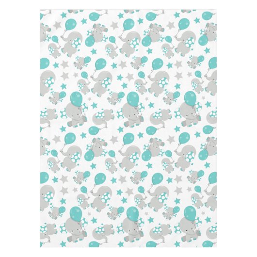 ゾウの模様、かわいいゾウ – 青い灰色 テーブルクロス (正面)