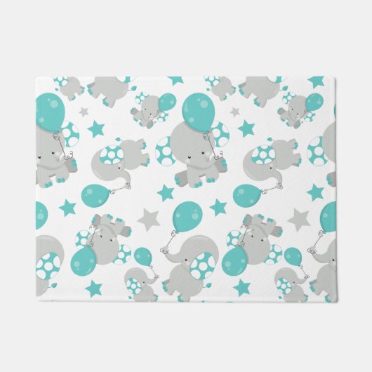 ゾウの模様、かわいいゾウ – 青い灰色 ドアマット (正面)