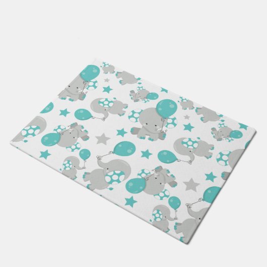 ゾウの模様、かわいいゾウ – 青い灰色 ドアマット (アングル)