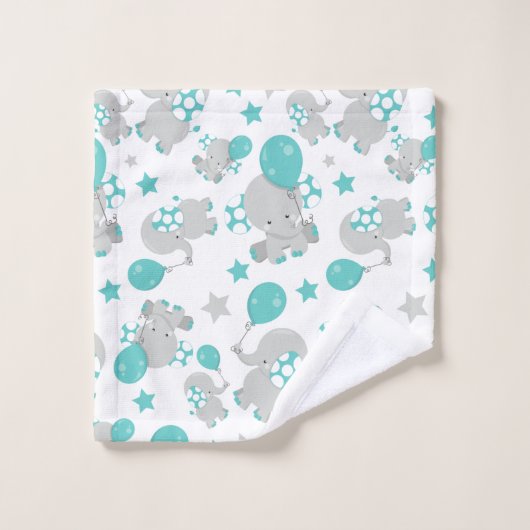 ゾウの模様、かわいいゾウ – 青い灰色 バスタオルセット (ウォッシュタオル)