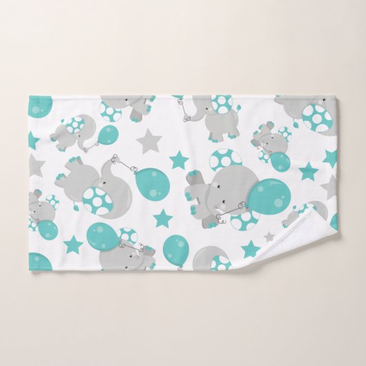 ゾウの模様、かわいいゾウ – 青い灰色 バスタオルセット (ハンドタオル)