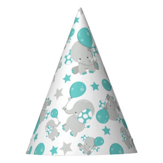 ゾウの模様、かわいいゾウ – 青い灰色 パーティーハット (正面)