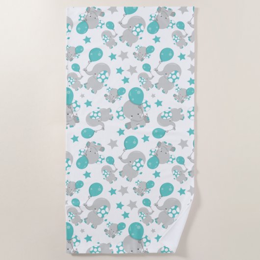 ゾウの模様、かわいいゾウ – 青い灰色 ビーチタオル (正面)