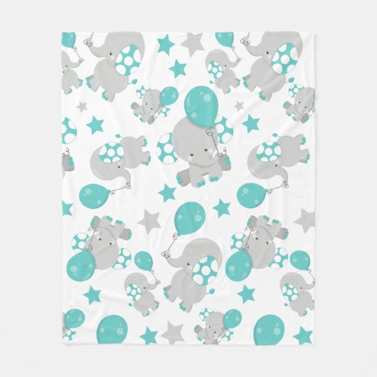 ゾウの模様、かわいいゾウ – 青い灰色 フリースブランケット (正面)