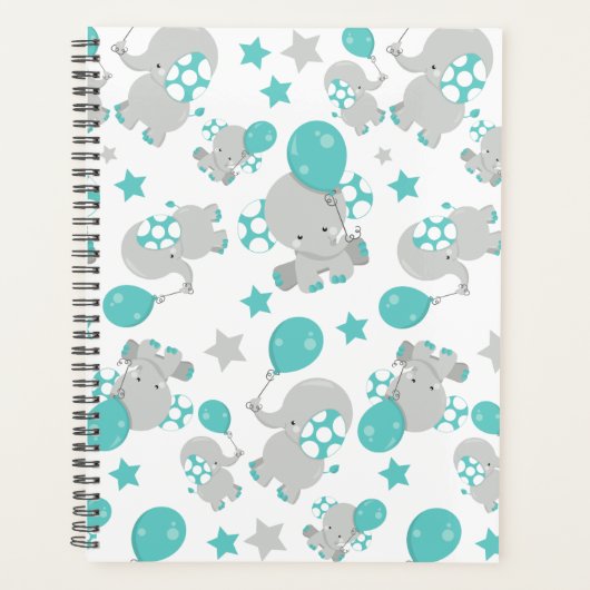 ゾウの模様、かわいいゾウ – 青い灰色 プランナー手帳 (正面)