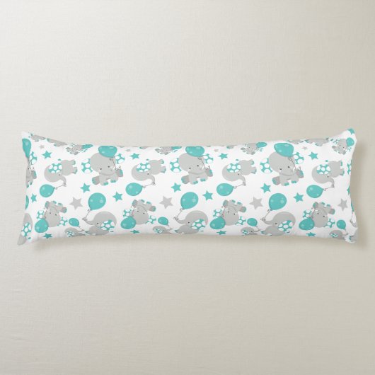 ゾウの模様、かわいいゾウ – 青い灰色 ボディピロー (正面)