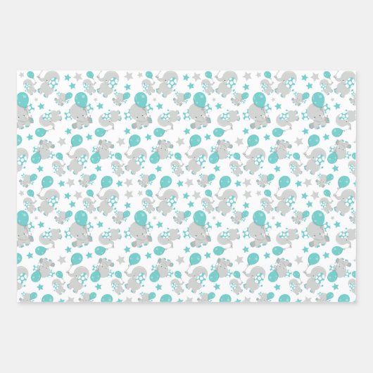 ゾウの模様、かわいいゾウ – 青い灰色 ラッピングペーパーシート (正面3)