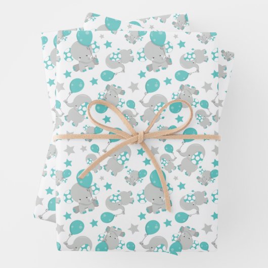 ゾウの模様、かわいいゾウ – 青い灰色 ラッピングペーパーシート (インサイチュ)