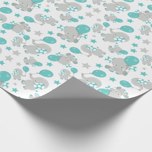 ゾウの模様、かわいいゾウ – 青い灰色 ラッピングペーパー (角)