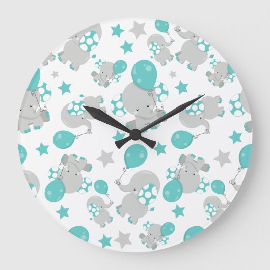 ゾウの模様、かわいいゾウ – 青い灰色 ラージ壁時計 (正面)