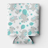 ゾウの模様、かわいいゾウ – 青い灰色 缶クーラー (正面)