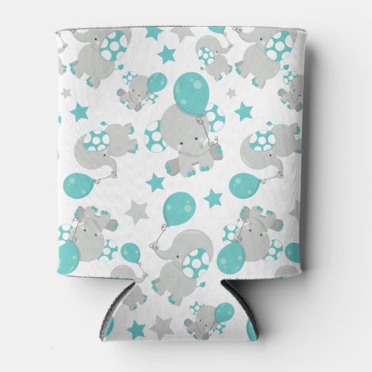 ゾウの模様、かわいいゾウ – 青い灰色 缶クーラー (正面)