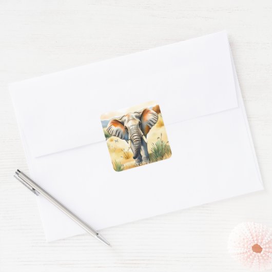ゾウの水彩イラストレーション スクエアシール (封筒)